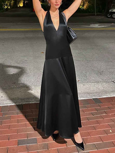 Elegante diepe V-hals halter maxi-jurk
