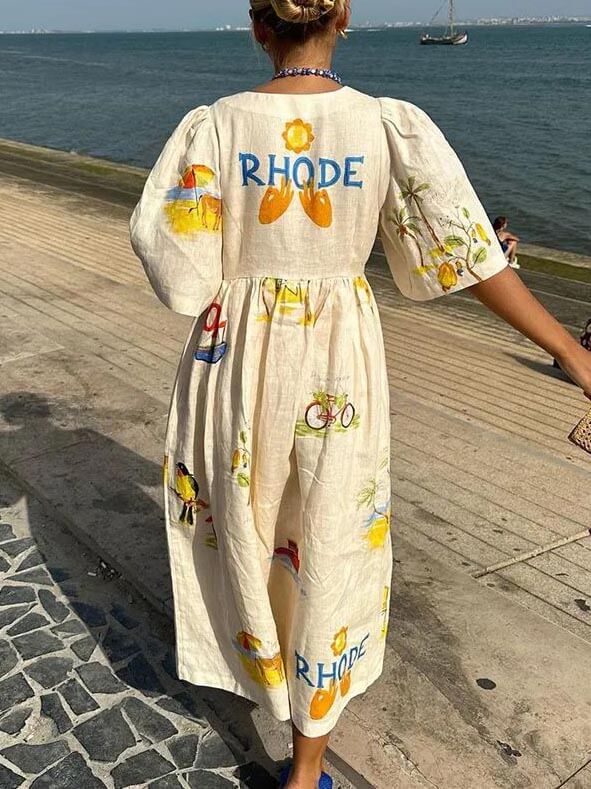Folk Floral Print Unique Holiday Puff Sleeve Midi Dress